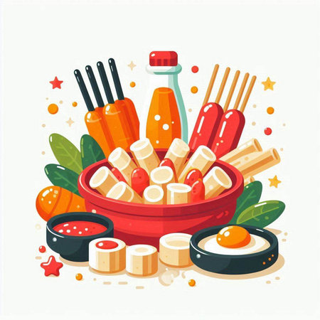 Japanese food set. Sushi, chopsticks, sauce, ginger, fried egg. Vector illustrationのイラスト素材