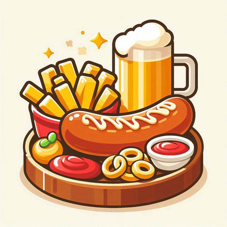 Illustration of a hot dog, french fries, ketchup and beerのイラスト素材