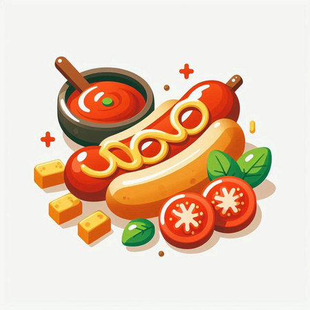 Hot dog with mustard, ketchup, tomato and basil. Vector illustration.のイラスト素材