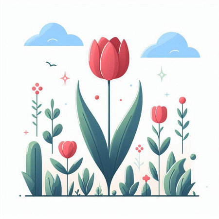 Flower garden with tulips. Vector illustration in flat style.のイラスト素材