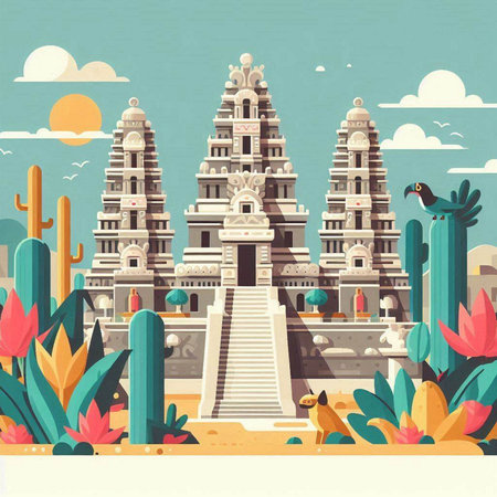 Hindu temple and cacti. Vector illustration in flat styleのイラスト素材