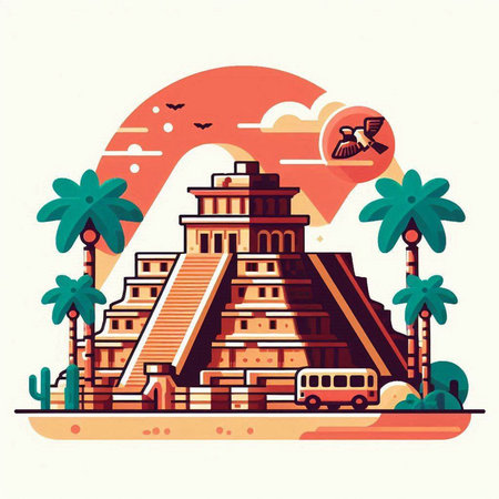 Mayan pyramid in flat style. Vector illustration on white background.のイラスト素材