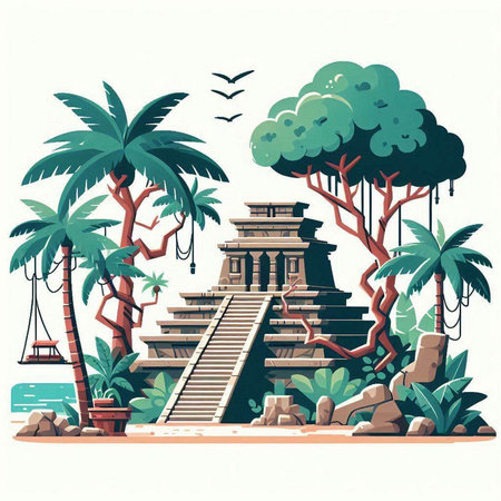 Ancient Mayan temple on the beach. Vector illustration in flat styleのイラスト素材