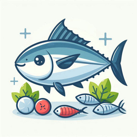 Vector illustration of a cute tuna fish with vegetables and fruits on a white background.のイラスト素材