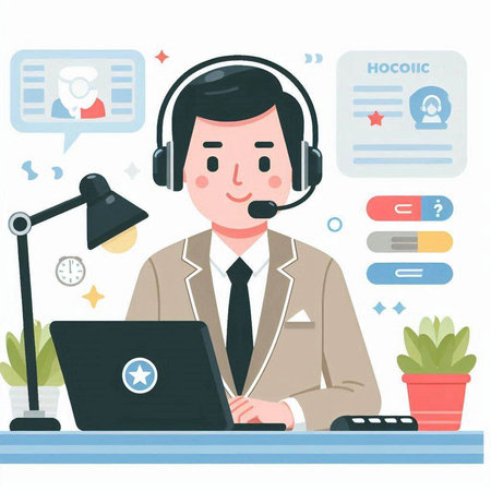 Call center operator with headset and laptop. Flat style vector illustration.のイラスト素材