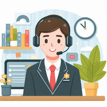 Call center operator with headset in office. Vector illustration in flat styleのイラスト素材