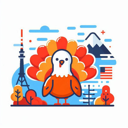 Vector illustration of a happy turkey in the city. Flat style.のイラスト素材