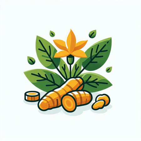 Turmeric root and leaves vector icon. Herbal medicine illustration.のイラスト素材