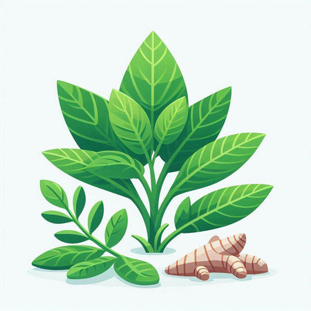 Ginger and turmeric leaves on white background. Vector illustration.のイラスト素材