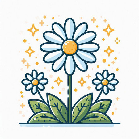 Cute daisy flower with green leaves and stars. Vector illustration.のイラスト素材