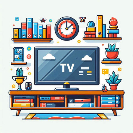 Vector illustration of TV on the shelf in flat style. Furniture for living room.のイラスト素材