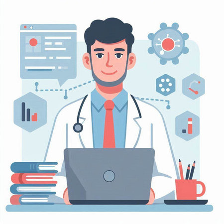 Male doctor working on laptop in office. Vector illustration in flat styleのイラスト素材