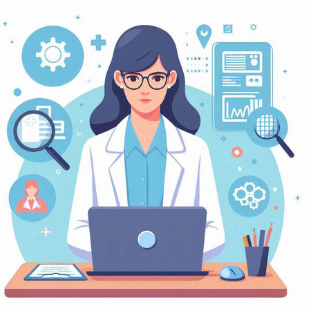 Vector illustration of a female doctor in a white coat working on a laptop.のイラスト素材
