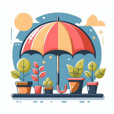 Vector illustration of an umbrella protecting plants in pots. Flat style design.のイラスト素材