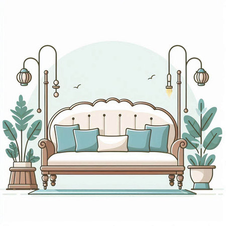 Sofa in the living room with lamps and plants. Vector illustration.のイラスト素材