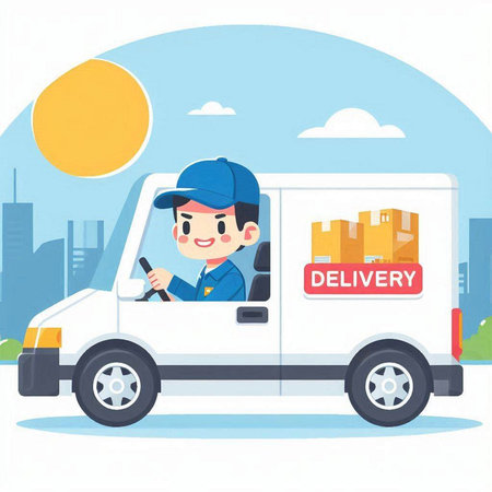 Delivery man in uniform and cap driving a delivery van. Vector illustration.のイラスト素材