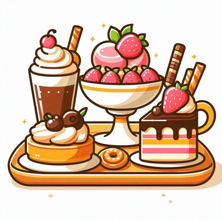 Illustration of a set of different desserts on a white background.のイラスト素材