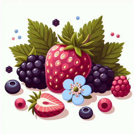 Vector illustration of fresh berries. Strawberry, blackberry, raspberry, blueberry.のイラスト素材