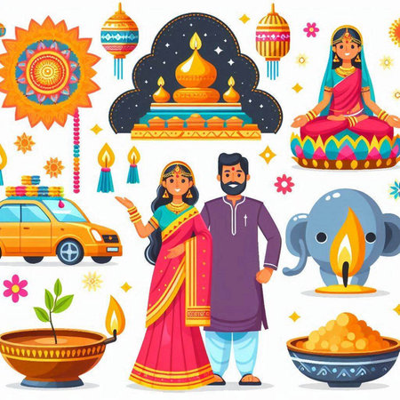 Indian people celebrating diwali festival of lights cartoon vector illustration.のイラスト素材