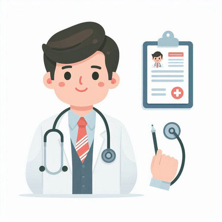 Doctor with stethoscope and clipboard. Vector illustration in cartoon style.のイラスト素材