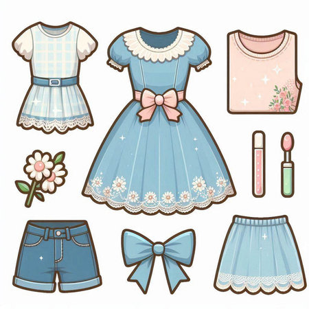 Vector set of clothes and accessories for little girl. Cute cartoon style.のイラスト素材