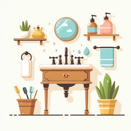 Bathroom interior with furniture and accessories. Bathroom furniture vector illustrationのイラスト素材