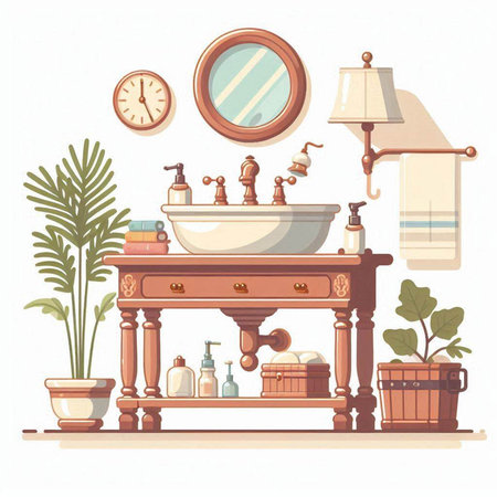 Bathroom interior. Bathroom furniture and accessories. Vector illustration.のイラスト素材