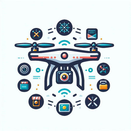 Drone with remote control. Flat thin line icons set. Vector illustrationのイラスト素材