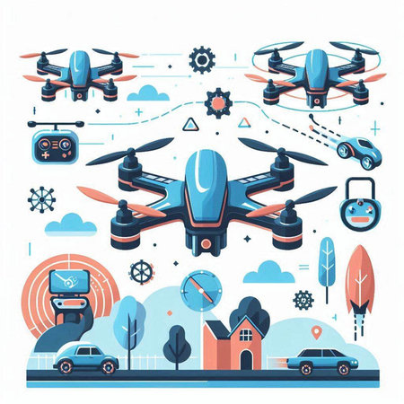 Drone quadcopter technology vector illustration in flat style with iconsのイラスト素材