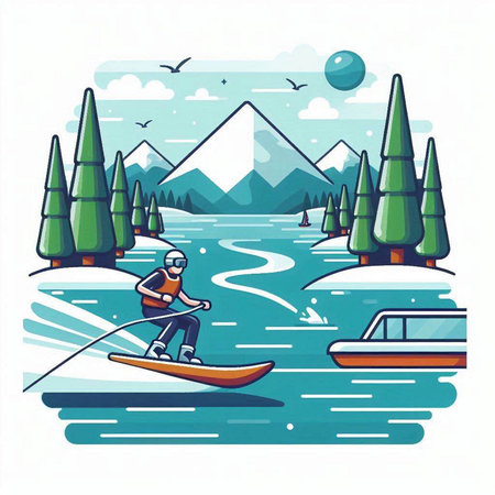 Fisherman on a boat in the lake. Vector illustration.のイラスト素材