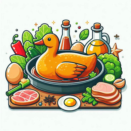 Illustration of chicken in a frying pan with ingredients. Vector illustration.のイラスト素材