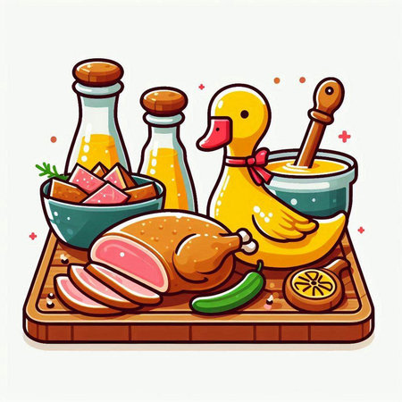 Illustration of chicken and duck food on wooden board. Vector illustrationのイラスト素材