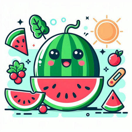 Cute kawaii watermelon character with funny face, vector illustration.のイラスト素材