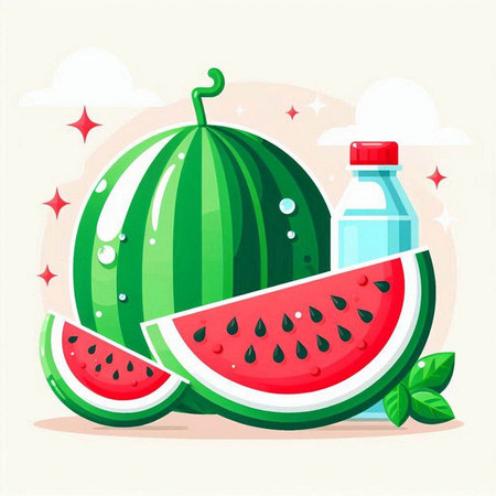 Watermelon and watermelon slices. Vector illustration in cartoon style.のイラスト素材