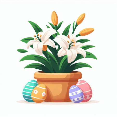 Easter eggs and lily flowers in a pot. Vector illustration.のイラスト素材
