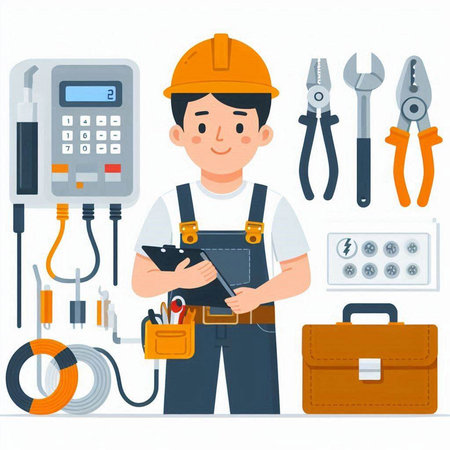 Worker with tools. Vector illustration in flat style. Repairman in uniform.のイラスト素材