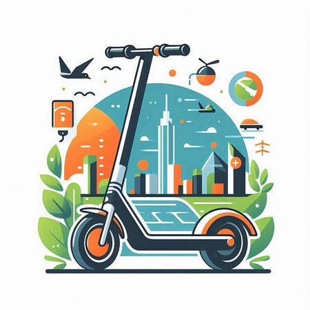 Modern electric scooter on the background of the city. Vector illustrationのイラスト素材