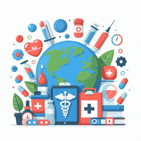 Vector flat illustration with different medical objects around the earth. Healthcare and medicine concept.のイラスト素材