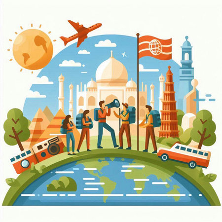 Travel to India concept in flat style. Tourists with camera, binoculars, map and Taj Mahal. Vector illustrationのイラスト素材