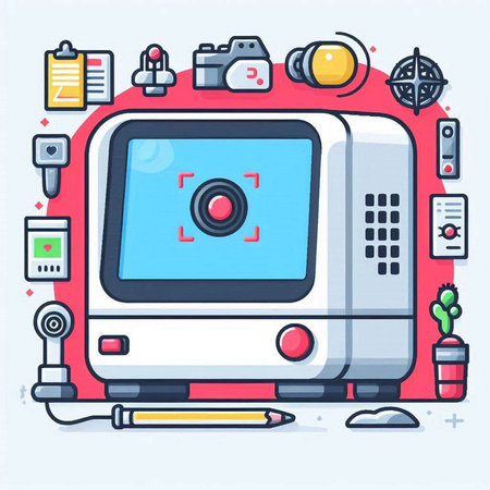 Vector illustration of modern flat line art video camera icon design concept.のイラスト素材