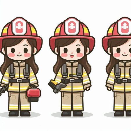 Firefighter girl cartoon character on white background, vector illustration eps10のイラスト素材