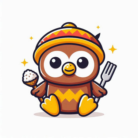 Cute cartoon penguin in knitted hat holding ice cream. Vector illustration.のイラスト素材