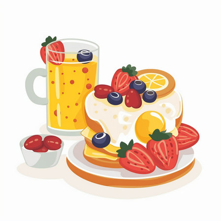 Breakfast with pancakes, orange juice and berries. Vector illustration.のイラスト素材