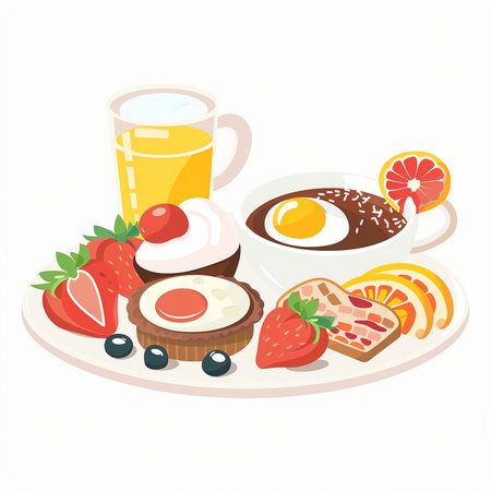 Breakfast with coffee, fried eggs and fruits. Vector illustration.のイラスト素材