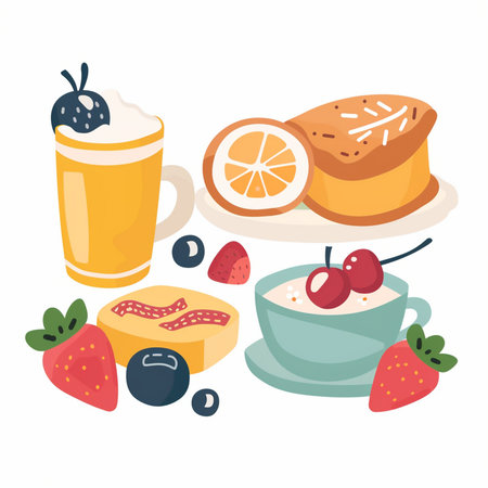 Breakfast set. Milk, bread, coffee, croissant, berry, orange juice, strawberry, blueberry. Flat style vector illustration.のイラスト素材