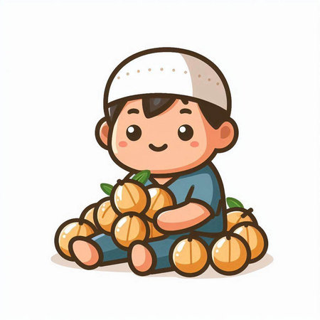 Muslim boy sitting on the ground and holding tangerines. Vector illustration.のイラスト素材