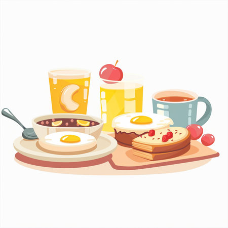 Breakfast set with coffee, eggs, pancakes and fruit. Vector illustration.のイラスト素材