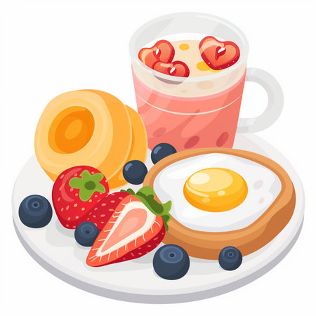 Breakfast with omelette, strawberries, blueberries and oatmeal. Vector illustrationのイラスト素材