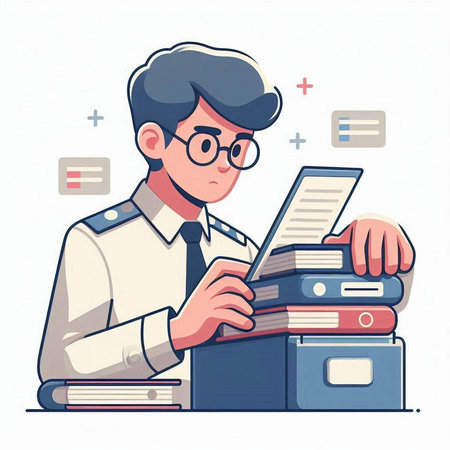 Businessman with a pile of books. Vector illustration in cartoon style.のイラスト素材