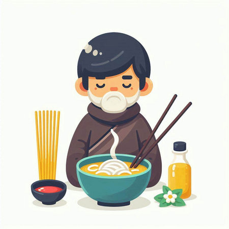 Vector illustration of a boy eating ramen in a bowl with chopsticksのイラスト素材